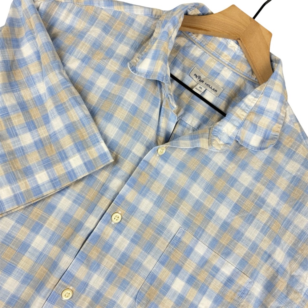 Peter Millar Crown Mens Medium Blue Beige Plaid Lawrence Crown Vintage Stretch